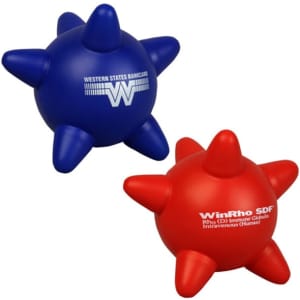 A blue and a red spiky stress ball, both with logos, designed in a playful shape resembling blood platelets.