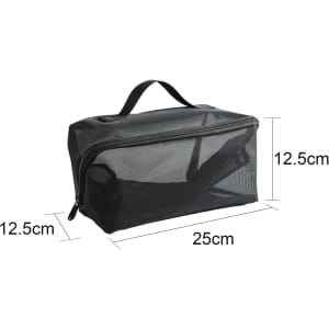 A large black nylon mesh cosmetic bag with dimensions 25cm x 12.5cm x 12.5cm, featuring a handle and a zip closure.