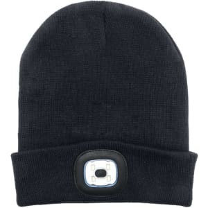 A black beanie featuring a built-in headlamp, showcasing a sleek design and a logo on the front.
