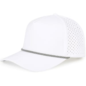 A white mesh back cap featuring a perforated design and a decorative band. Includes a logo.