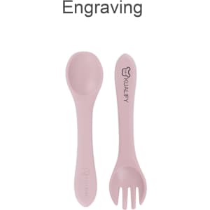 A pink silicone spoon and fork set for kids, featuring a logo and smooth, rounded edges.