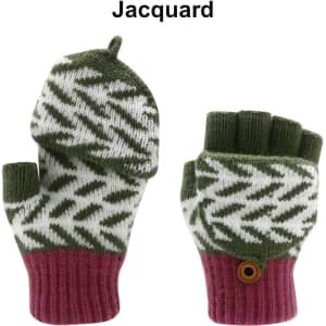 Kids' jacquard fingerless gloves with a flip cover in green and white patterns, featuring a pink cuff.