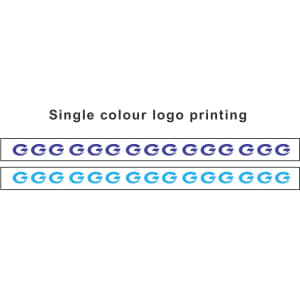 A roll of BOPP white packaging tape featuring repeated single colour logos in blue and purple.