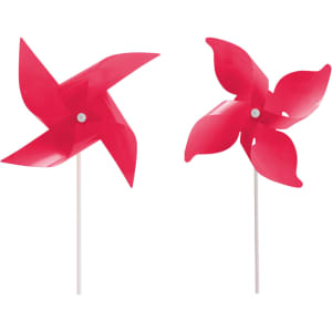 Two pink four-leaf pinwheels on white sticks, designed for decorative purposes.