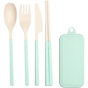 A four-piece travel utensils set in mint green, including a spoon, fork, knife, and chopsticks, with a matching case.