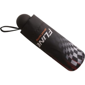 A mini folding umbrella in black with a checkered pattern case, featuring a loop for easy carrying and a round handle.