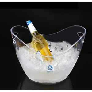 An 8L transparent ice bucket filled with ice and a beer bottle, featuring a logo on the side.