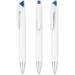 A set of three grey pens with blue accents and silver tips, featuring a logo on each pen.