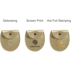 An oval gold PU leather jewelry pouch with three different styles of branding options displayed.