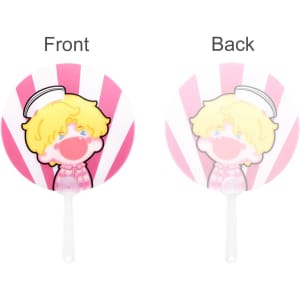 A custom shape transparent PVC hand fan featuring a cartoon character with a pink and white striped background.