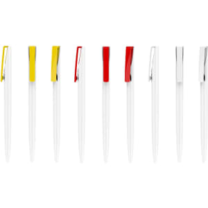 A collection of plastic pens with creamy white barrels and various coloured caps: yellow, red, and silver.
