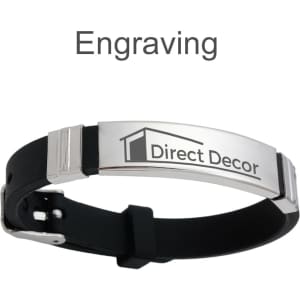 A metal bracelet with a silver plaque on a black strap. The plaque features a logo.