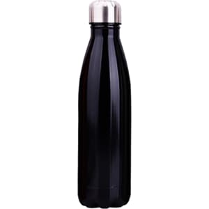 A drink bottle made of stainless steel with a double wall design in black, featuring a silver screw cap and branding.