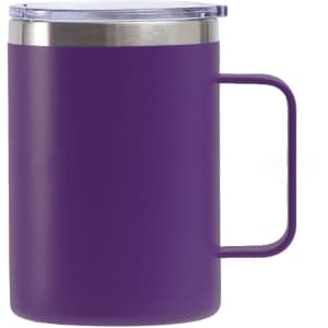 A drink bottle in deep purple with a stainless steel rim and a sturdy handle, featuring a clear lid.