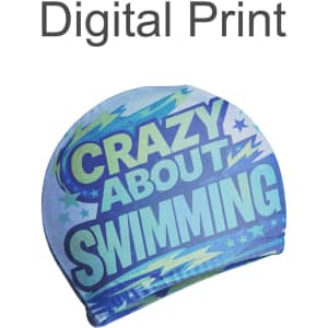 A swimming cap in blue with a vibrant digital print featuring a design related to swimming. It has a logo.
