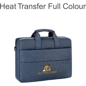 A business laptop bag in dark blue fabric with a logo, featuring a padded compartment and carrying handles.