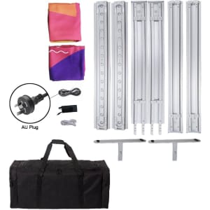 A backlit LED light box display kit with grey frames, fabric graphics, and a carrying bag. Includes an AU plug and accessories.