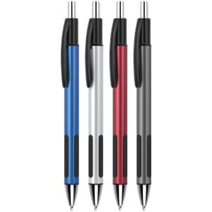Four plastic pens in blue, silver, red, and black with rubber grips and a logo.