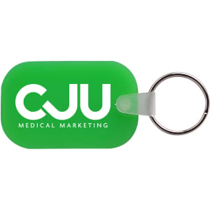 A green keyring with an oval shape and a metal keyring attachment. It features a logo.
