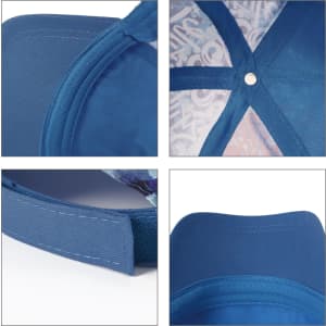 A blue five panel custom peak cap featuring a patterned lining and an adjustable strap at the back.