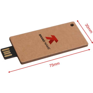 A brown eco-friendly card flash drive with a USB connector. It features a logo and has dimensions of 75mm by 30mm.