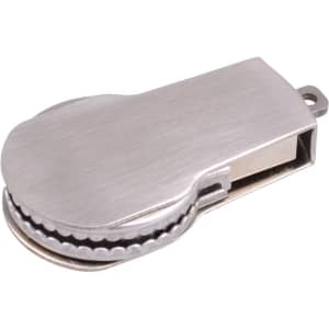 A metallic flash drive with a sleek design, featuring a grey finish and a textured band on one side.