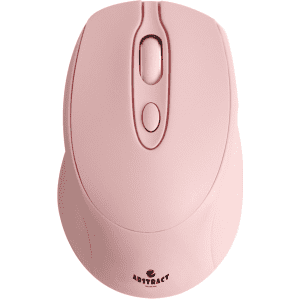 A pink wireless mouse with a logo on the base, featuring a smooth design and three buttons.