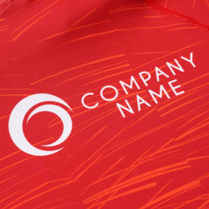 A red polyester spandex hoodie featuring a logo, designed for sun protection and sports use.