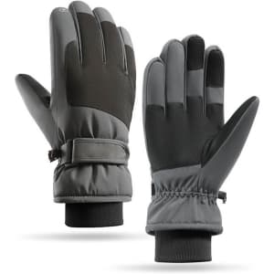 A pair of grey ski gloves featuring a sleek design and adjustable wrist straps. The gloves have a logo on them.