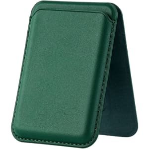 A green PU foldable magnetic card holder that also functions as a phone stand, featuring a logo on the surface.