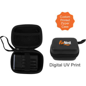A black travel adapter inside a zippered case, featuring a logo on the exterior and a mesh pocket on the inside.