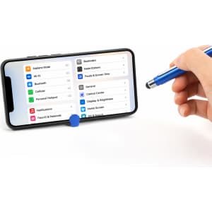 A blue 4 in 1 QR Code Banner Pen is being held near a smartphone displaying settings options.