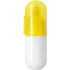 A highlighter set in a capsule-shaped design, featuring a bright yellow lid and a white body. It includes a logo.