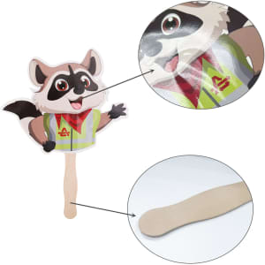 A custom-shaped paper hand fan featuring a raccoon character, with a wooden stick handle and vibrant colours.