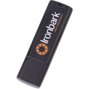 A black flash drive with an orange logo, featuring a sleek, rectangular design.
