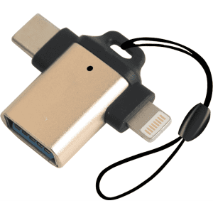 A gold USB 3.0 to USB C Lightning OTG adapter with a black tether. Compact and sleek design, suitable for technology use.