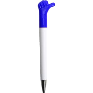 A blue and white pen featuring a thumbs-up handle design and a silver tip. It has a logo on the barrel.