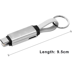 A 60W 3-in-1 aluminium charging cable with a silver finish, featuring a keyring attachment and measuring 9.5 cm.