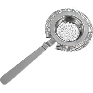 A round stainless steel cocktail strainer with a perforated design and a long handle.