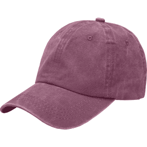 A vintage washed baseball cap in a soft mauve colour, featuring a curved brim and a logo.
