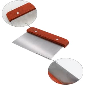 A stainless steel dough scraper with a wooden handle, featuring a shiny metal blade and a reddish-brown handle.