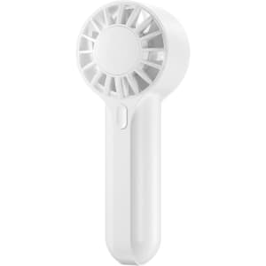 A mini handheld fan in white with a circular grille and a simple button design. It features a logo on the body.