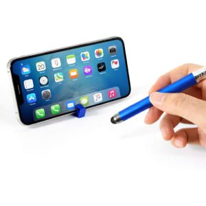 A blue 3 in 1 QR Code pen is held in front of a smartphone with an app display, supported by a small blue stand.