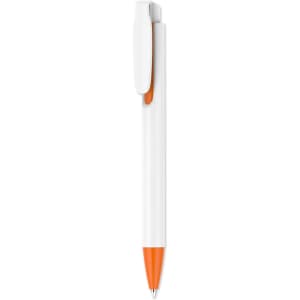 A plastic pen featuring a creamy white barrel and an orange tip, with a clip and branding.