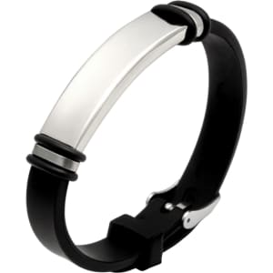 An engraved bracelet with a silver metal centre and black rubber band, featuring a sleek design and logo.