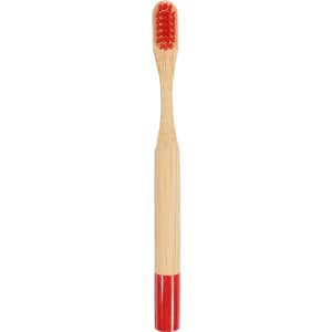 A small round handle bamboo toothbrush featuring a red bristle head and a red-painted handle. It has a branding logo.