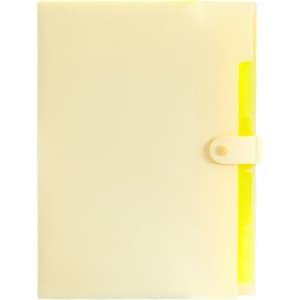 A4 expandable file folder in pale yellow with a bright yellow interior and a secure closure. Features a logo.