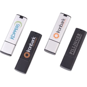 A set of four Harper Flash Drives in silver and black, featuring various logos on each drive.