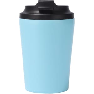 A 350ML powder-coated stainless steel coffee mug in light blue with a black lid and a logo.