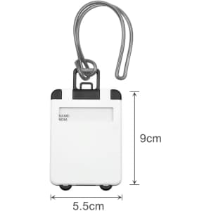 A white ABS luggage tag with black accents, featuring a transparent section for information. Includes a metal attachment hook.